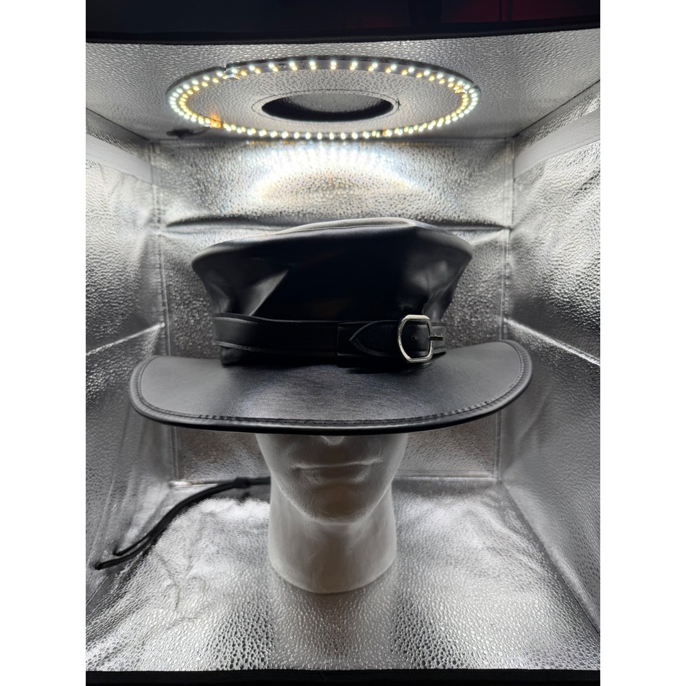 Absolute Vibe Black Faux Leather Biker Captain Greek Fisherman Hat Buckle Cap